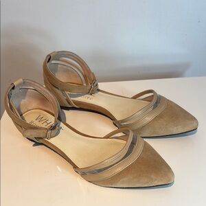 Ron White tan suede pointed flats with ankle strap size 6.5